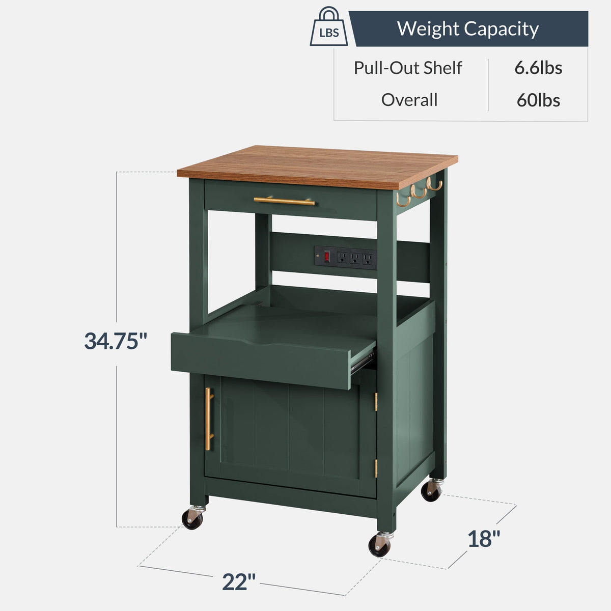 Rolling Kitchen Island Cart, Cabinet W/ Drawer, Sliding Tray, Outlet, Wheels