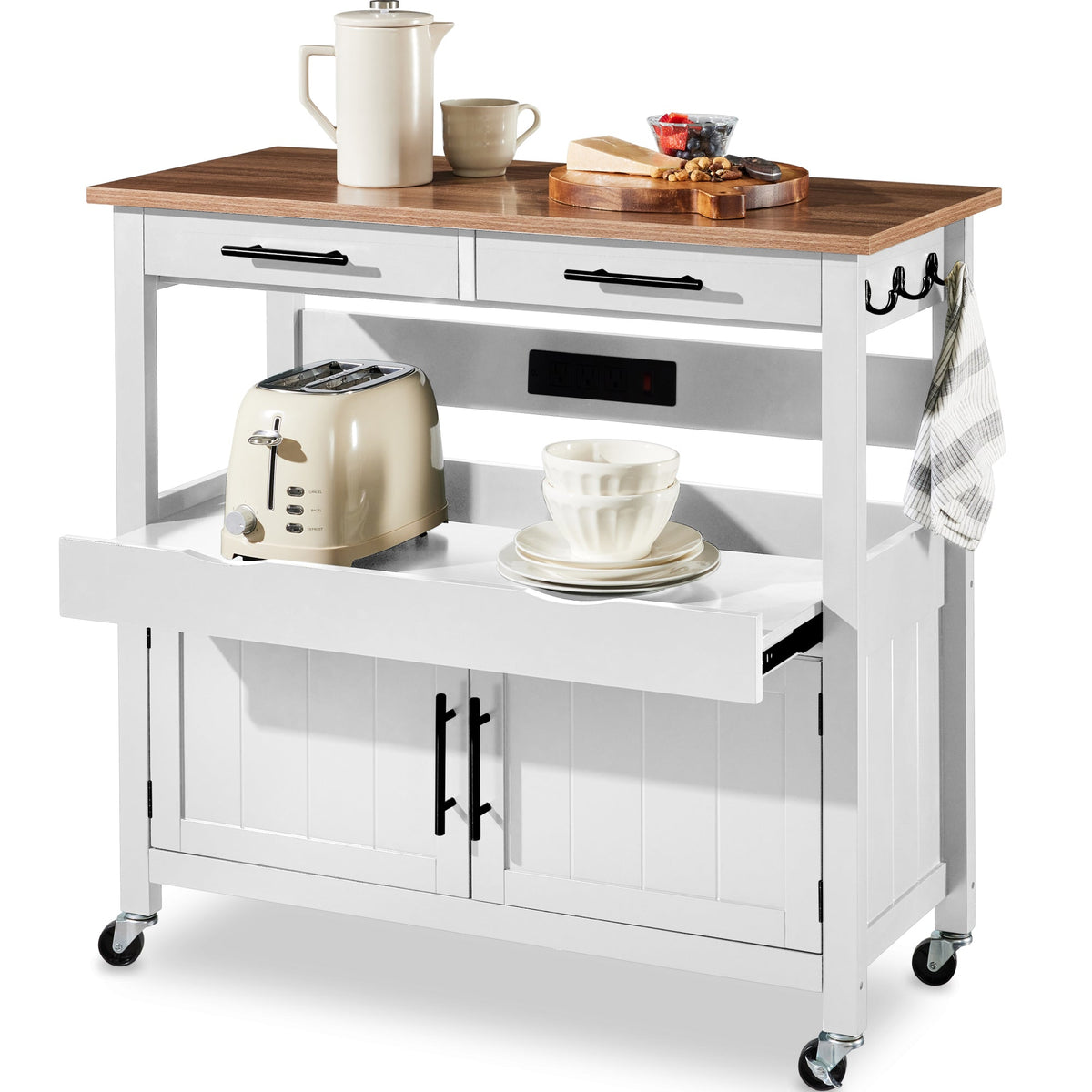 36in Large Rolling Kitchen Island Cart, 2-Door Cabinet, Outlet, & Wheels