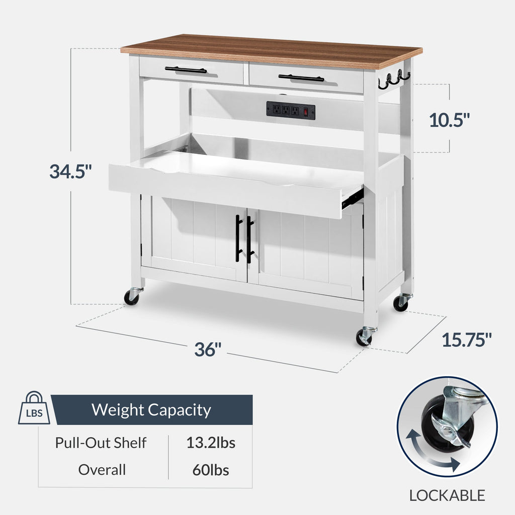 36in Large Rolling Kitchen Island Cart, 2-Door Cabinet, Outlet, & Wheels