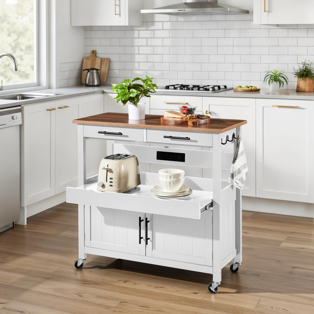 36in Large Rolling Kitchen Island Cart, 2-Door Cabinet, Outlet, & Wheels