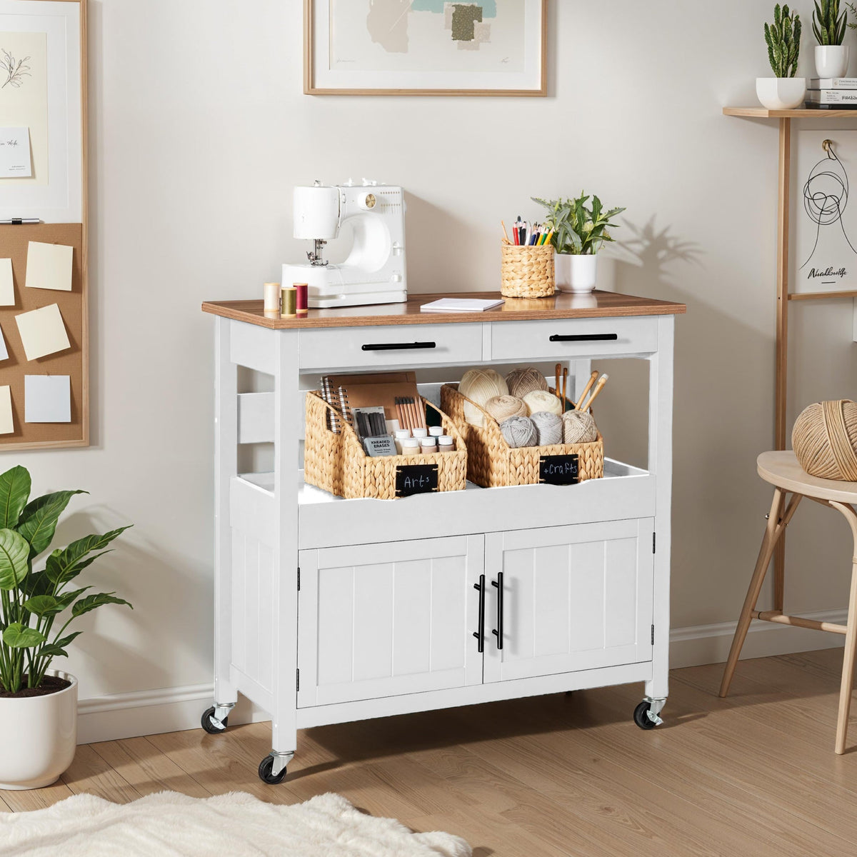 36in Large Rolling Kitchen Island Cart, 2-Door Cabinet, Outlet, & Wheels
