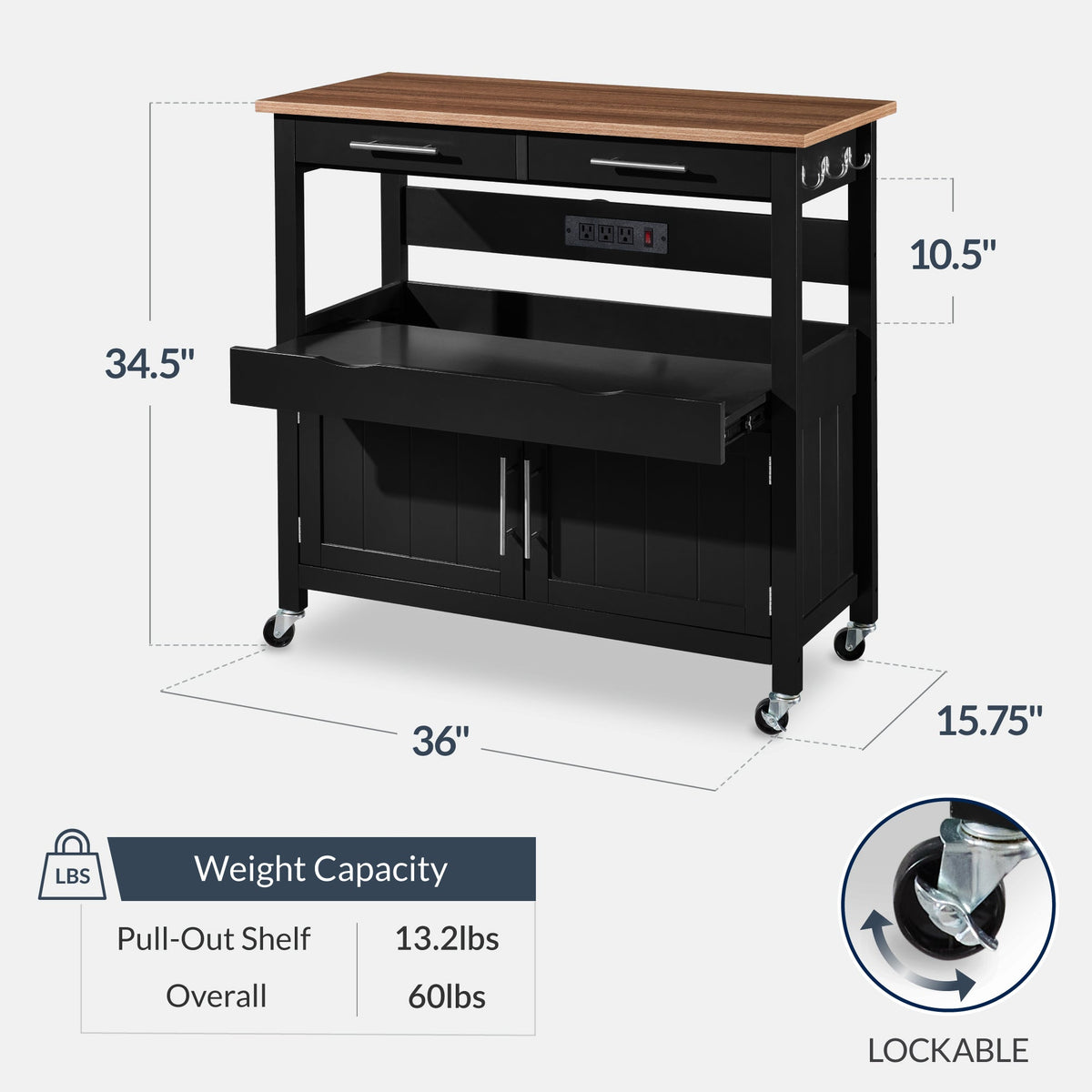 36in Large Rolling Kitchen Island Cart, 2-Door Cabinet, Outlet, & Wheels