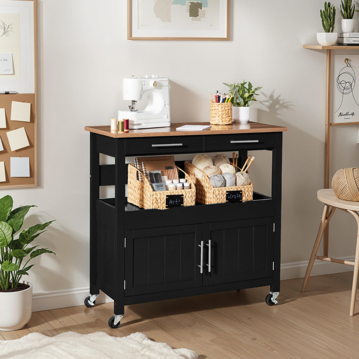 36in Large Rolling Kitchen Island Cart, 2-Door Cabinet, Outlet, & Wheels
