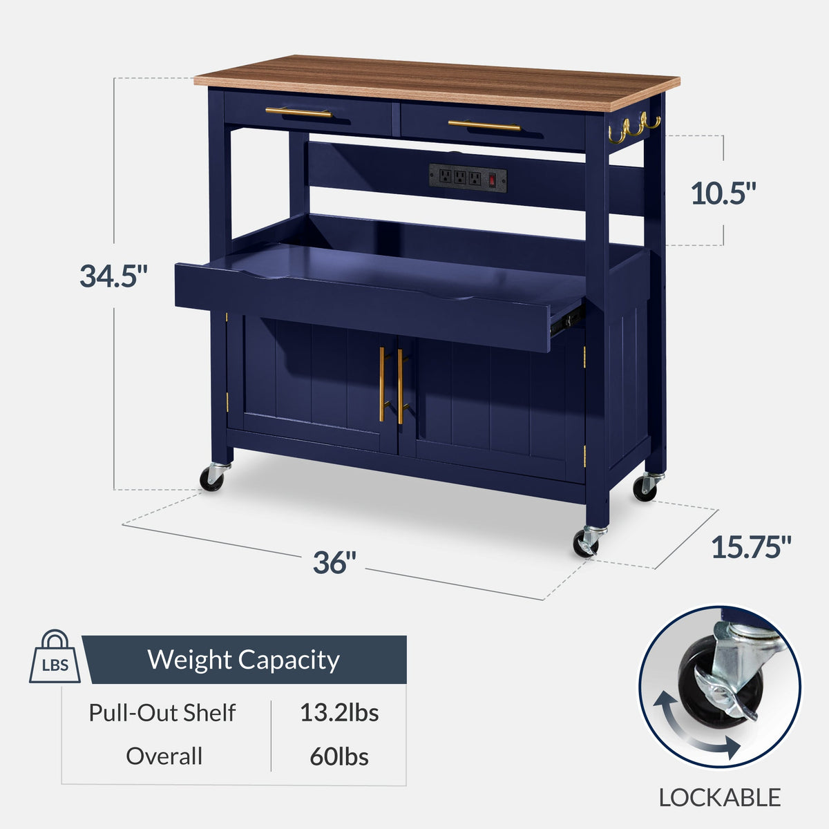 36in Large Rolling Kitchen Island Cart, 2-Door Cabinet, Outlet, & Wheels