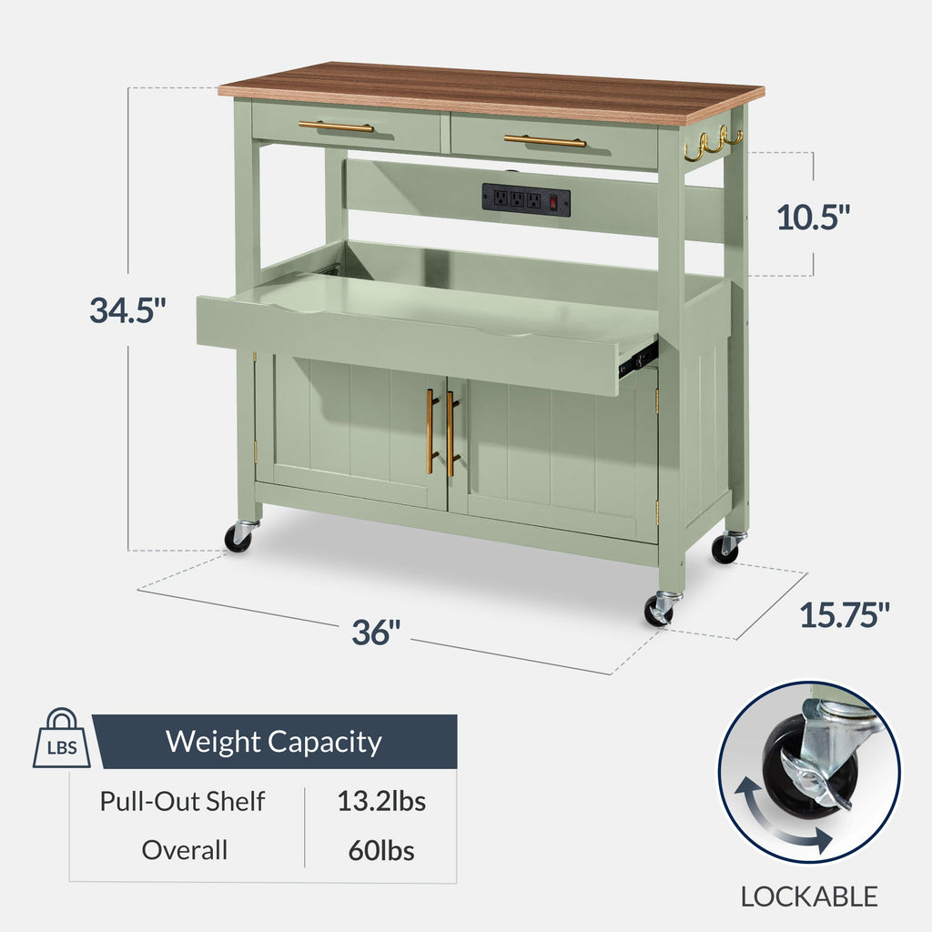 36in Large Rolling Kitchen Island Cart, 2-Door Cabinet, Outlet, & Wheels
