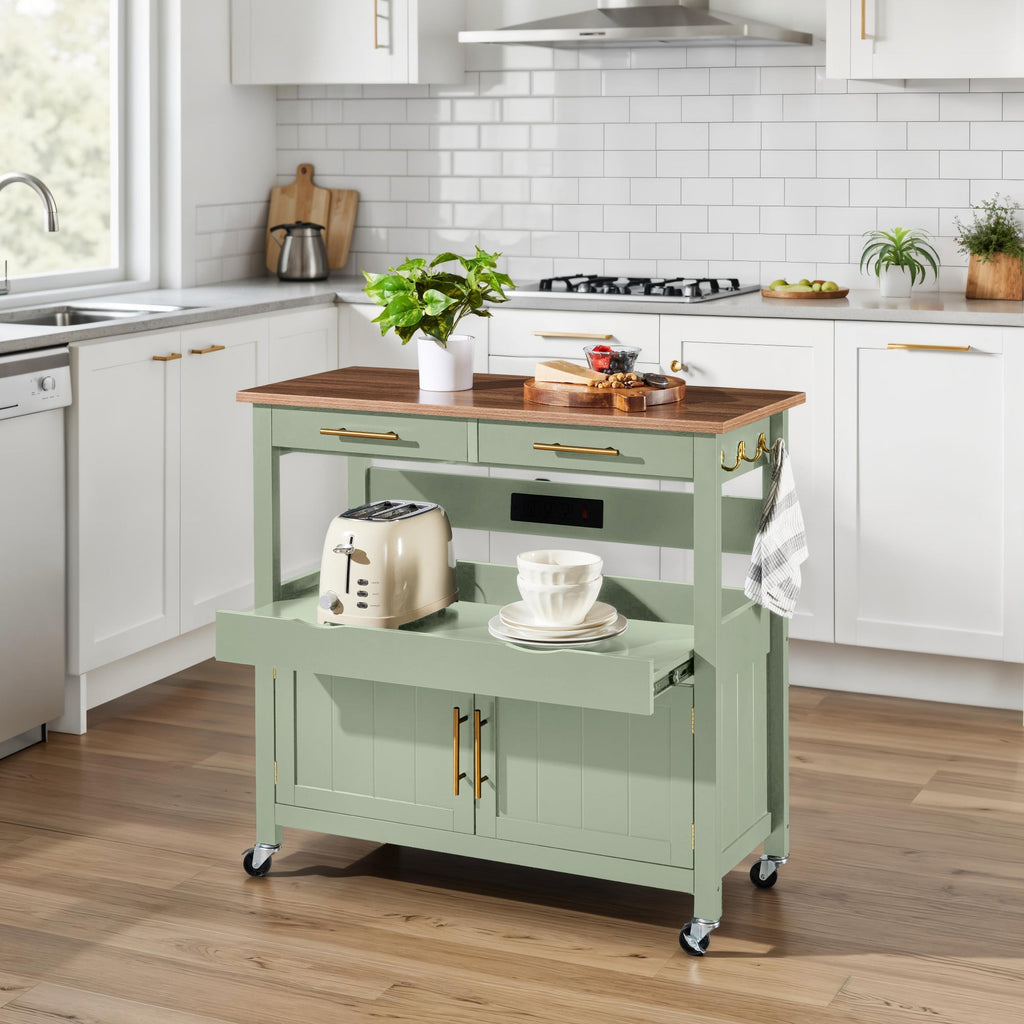 36in Large Rolling Kitchen Island Cart, 2-Door Cabinet, Outlet, & Wheels
