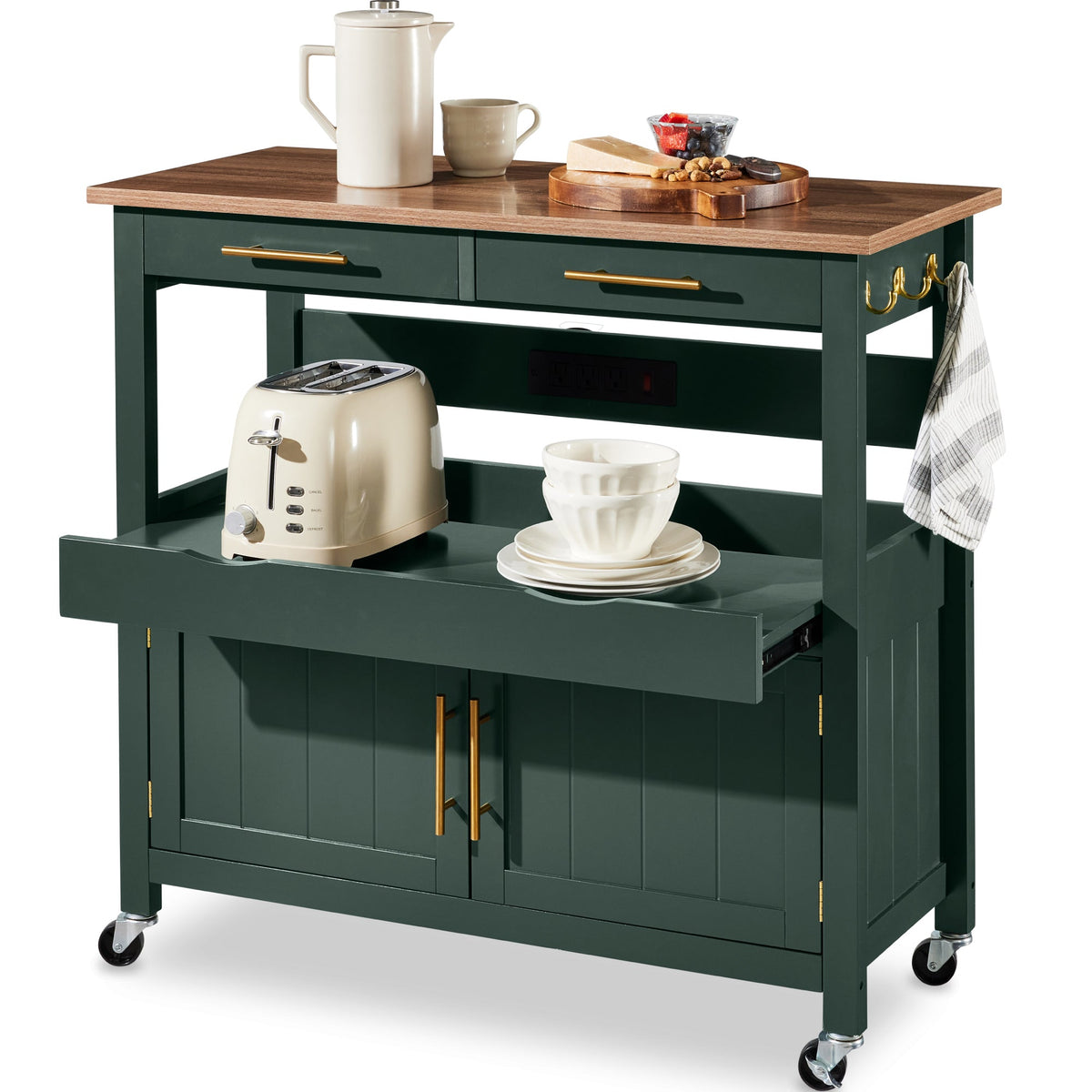 36in Large Rolling Kitchen Island Cart, 2-Door Cabinet, Outlet, & Wheels