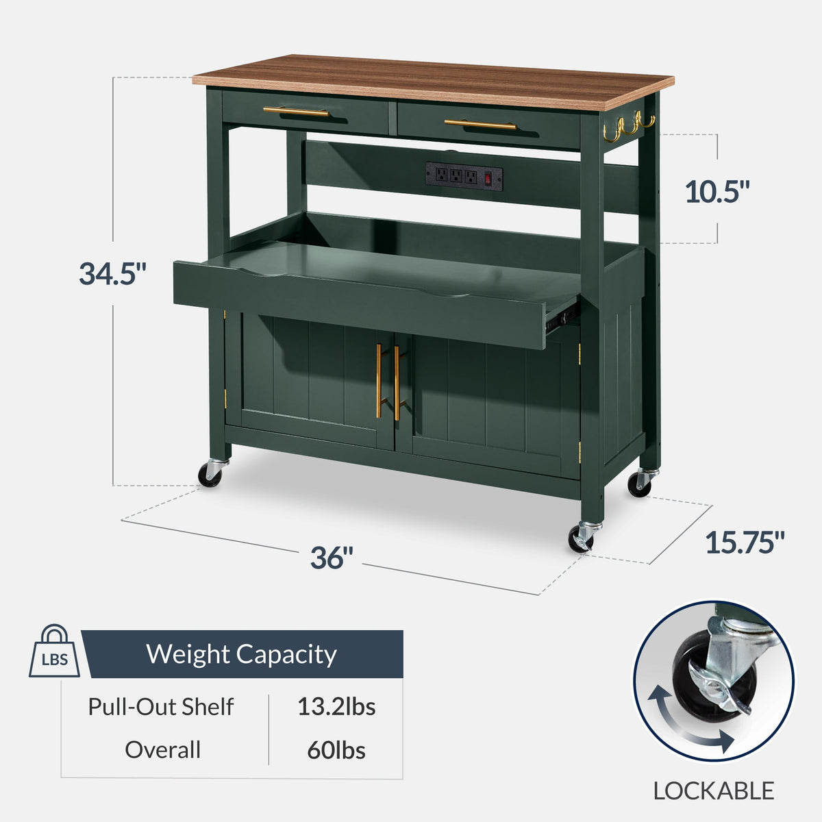 36in Large Rolling Kitchen Island Cart, 2-Door Cabinet, Outlet, & Wheels