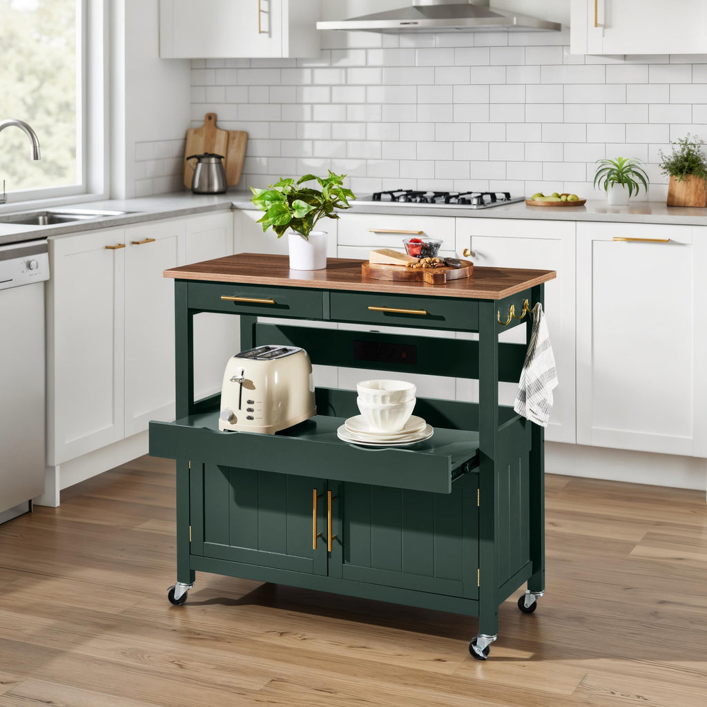 36in Large Rolling Kitchen Island Cart, 2-Door Cabinet, Outlet, & Wheels