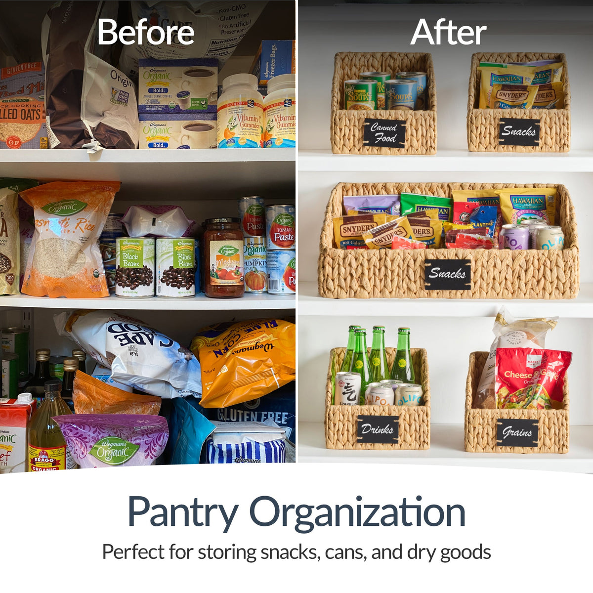 Water Hyacinth Pantry Storage Baskets, Wicker Baskets w/ Built-in Handles