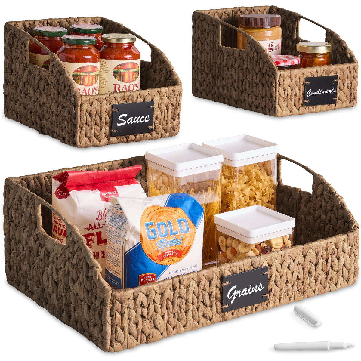 Water Hyacinth Pantry Storage Baskets, Wicker Baskets w/ Built-in Handles