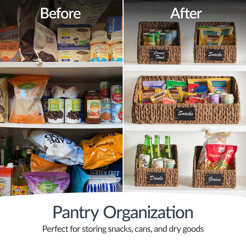 Water Hyacinth Pantry Storage Baskets, Wicker Baskets w/ Built-in Handles