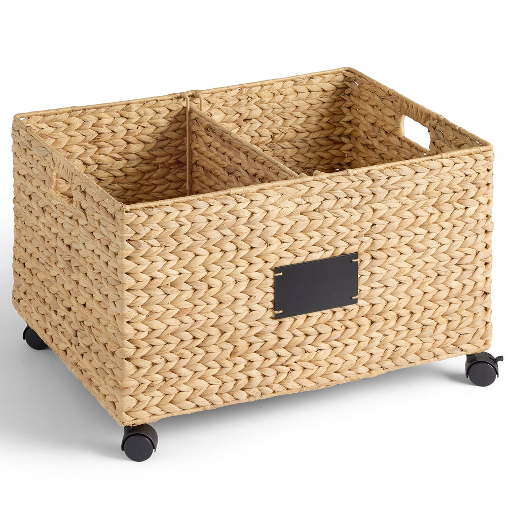 Rolling Pantry Storage Basket Organizer W/ Chalkboard Label, Handles, Removable Divider - Chestnut