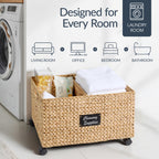 Rolling Pantry Storage Basket Organizer W/ Chalkboard Label, Handles, Removable Divider - Chestnut