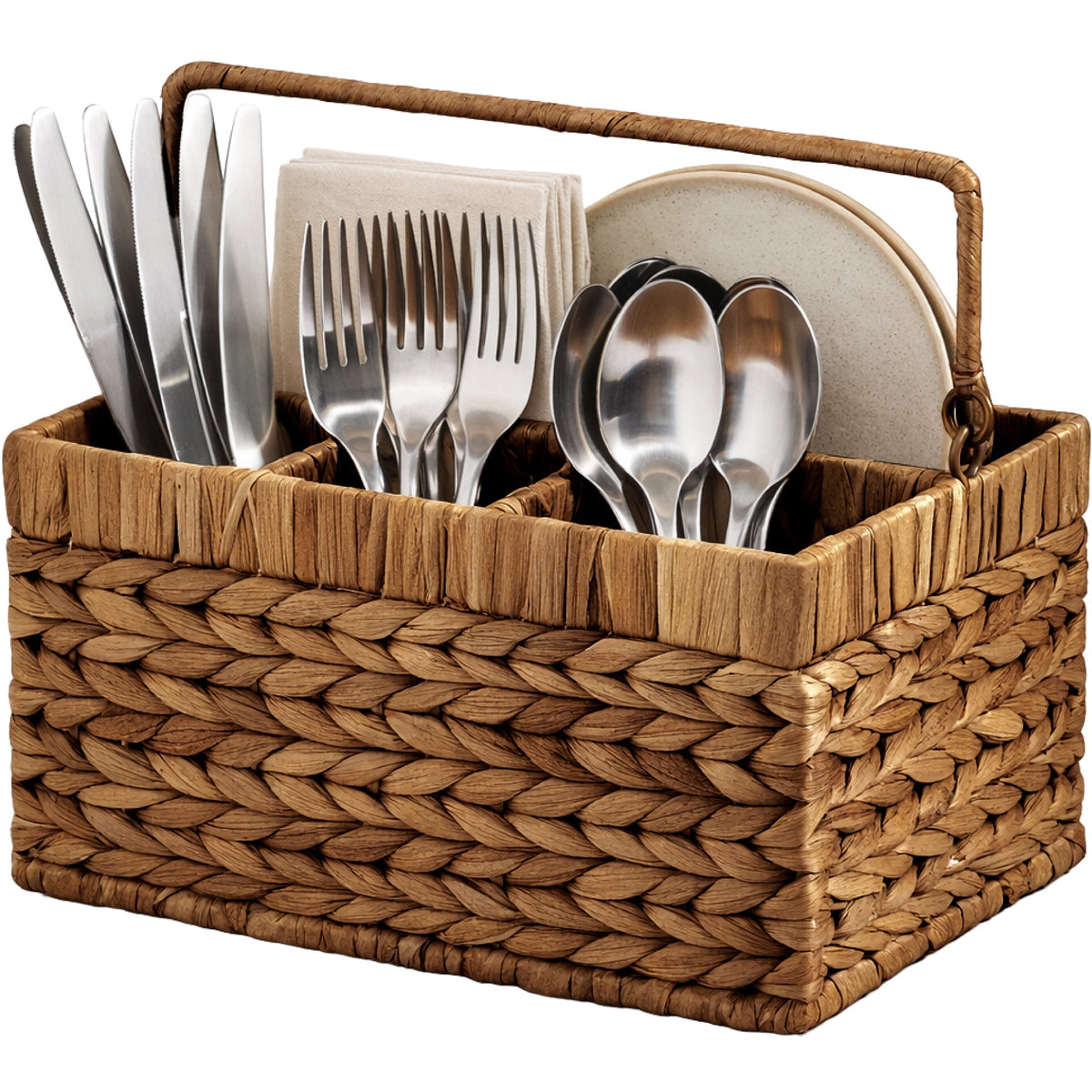 Handwoven Silverware Organizer w/ Handle, 4 Compartments