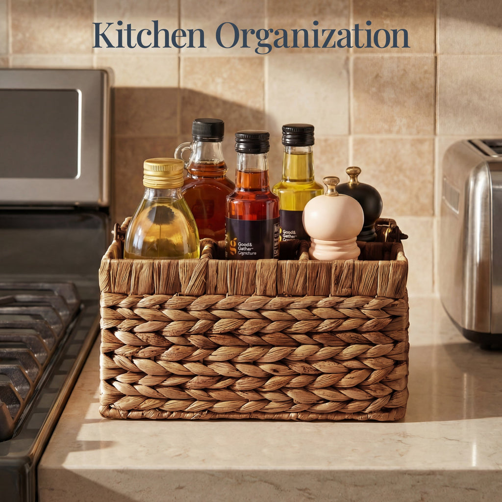 Handwoven Silverware Organizer w/ Handle, 4 Compartments