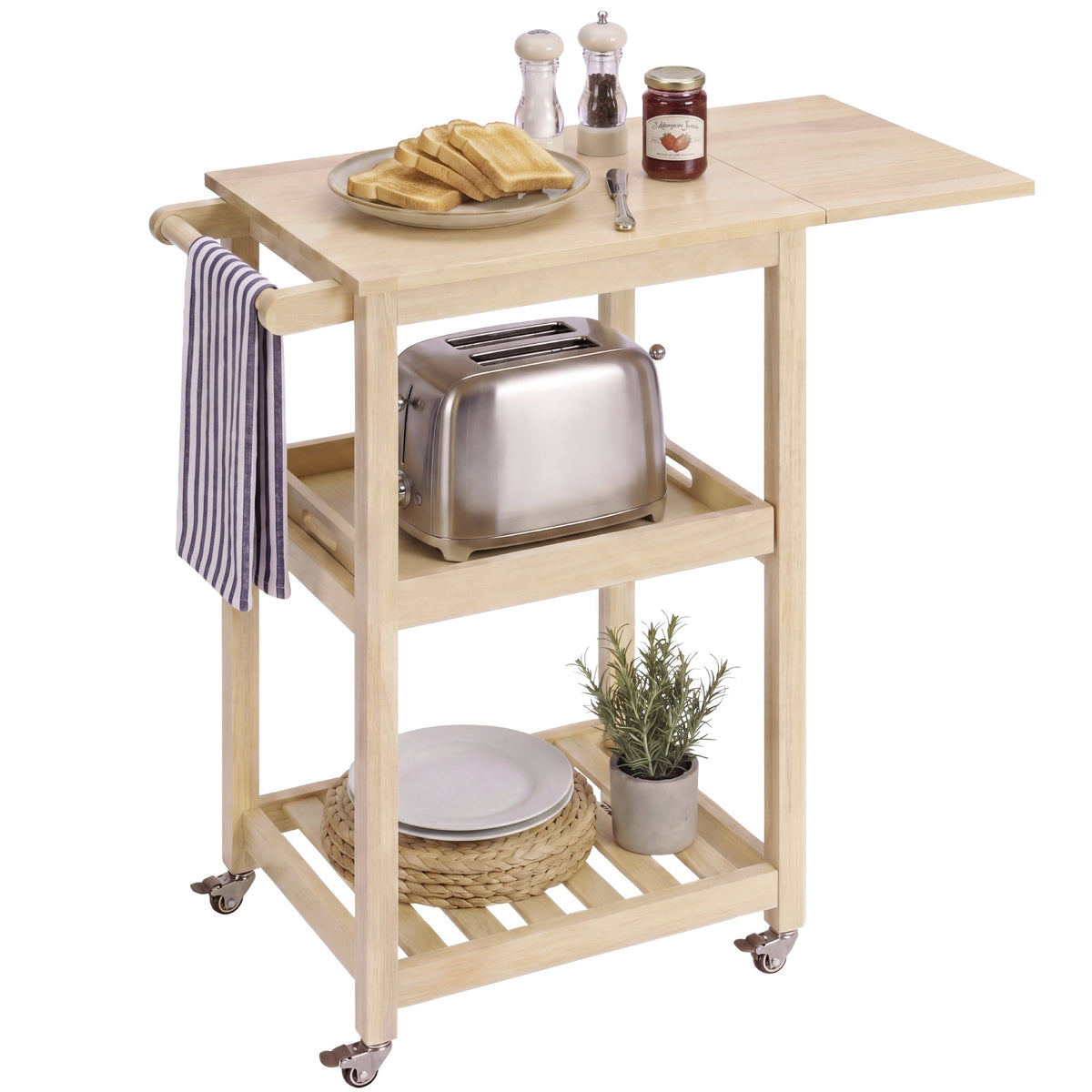 Rolling Kitchen Island Cart W/Shelves, Drop Leaf Extension, Locking Wheels