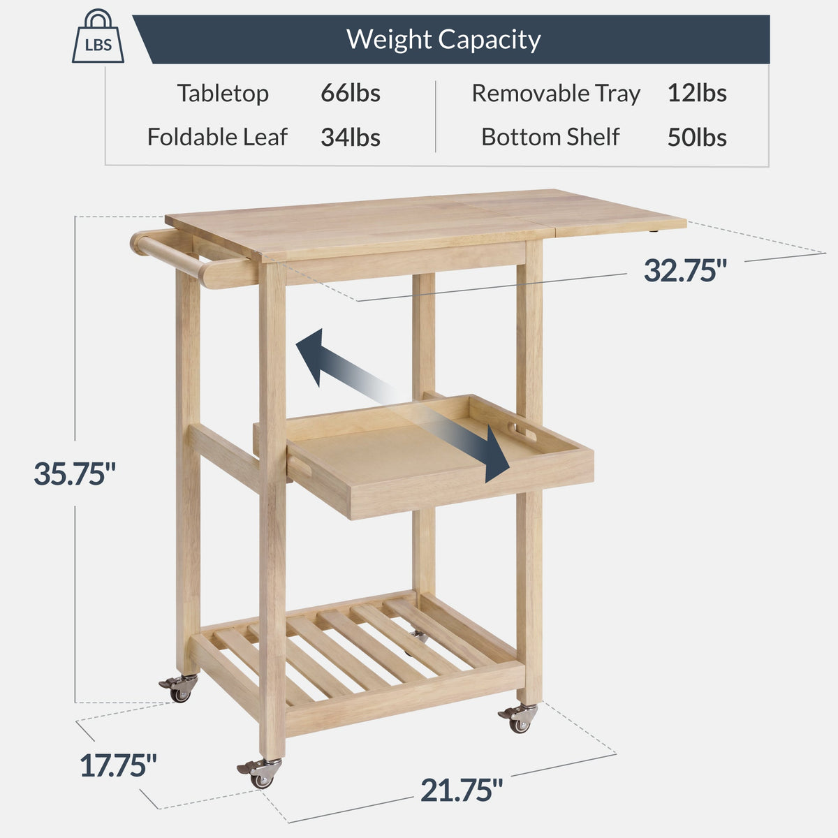 Rolling Kitchen Island Cart W/Shelves, Drop Leaf Extension, Locking Wheels