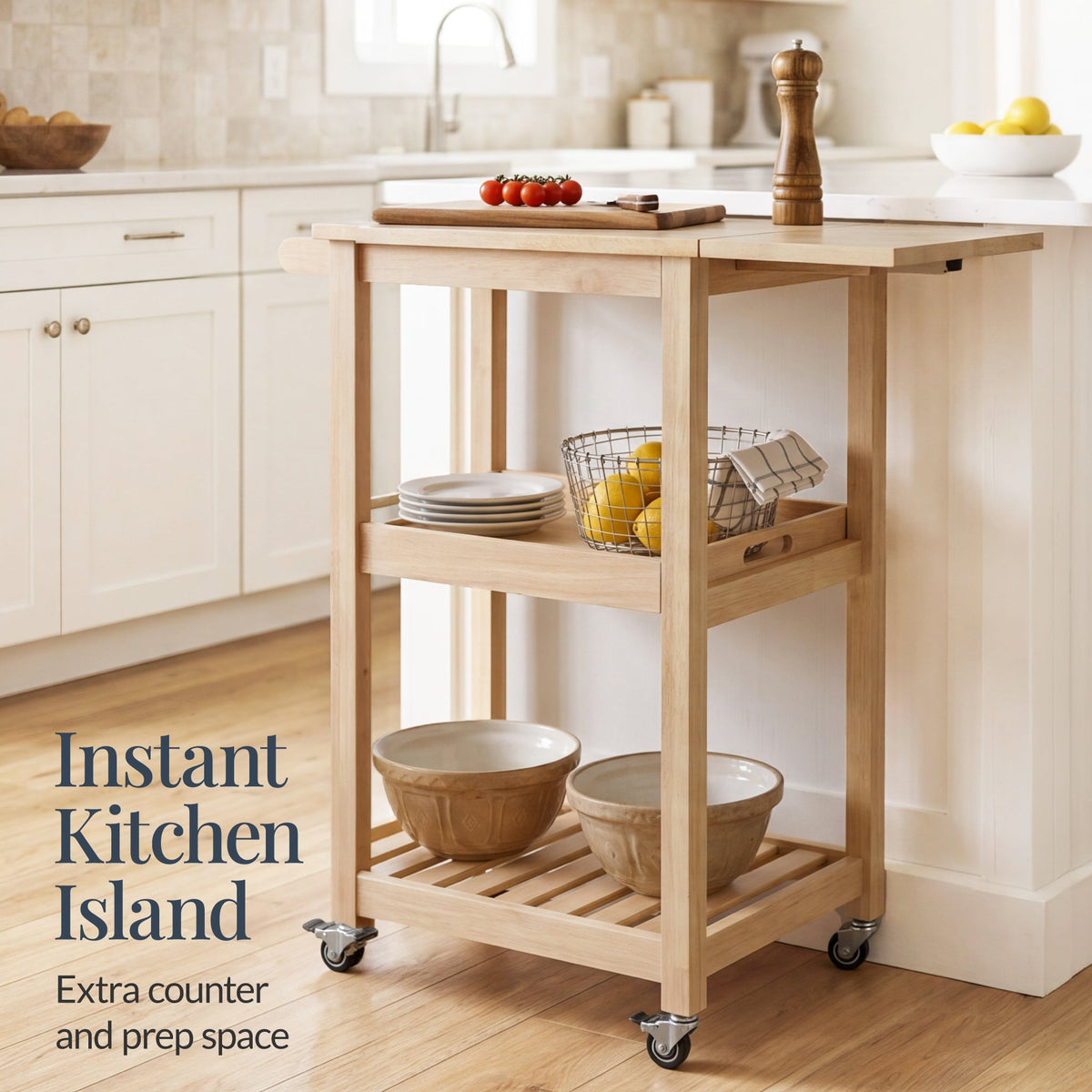Rolling Kitchen Island Cart W/Shelves, Drop Leaf Extension, Locking Wheels
