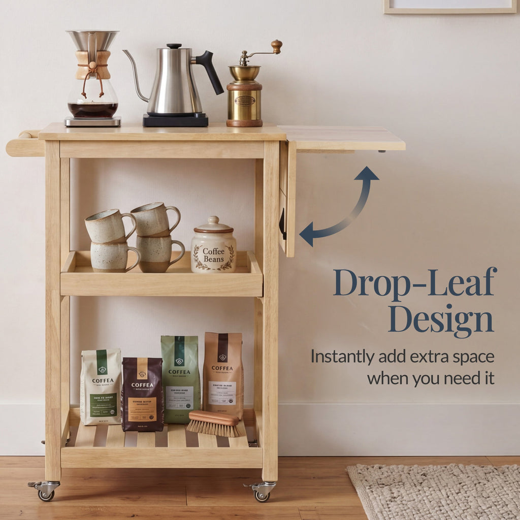 Rolling Kitchen Island Cart W/Shelves, Drop Leaf Extension, Locking Wheels