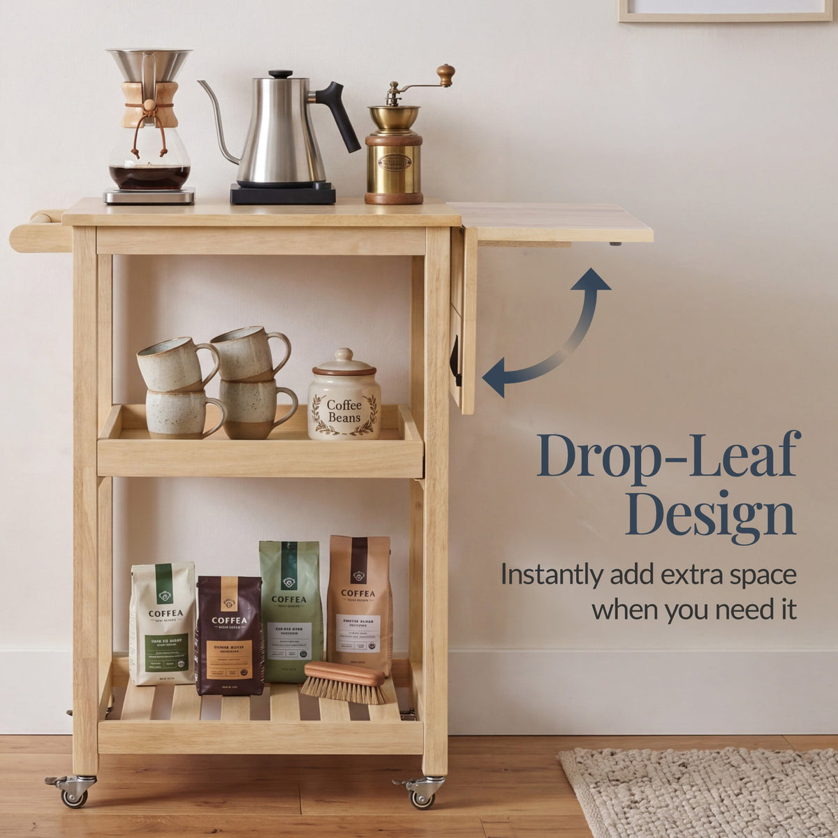 Rolling Kitchen Island Cart W/Shelves, Drop Leaf Extension, Locking Wheels