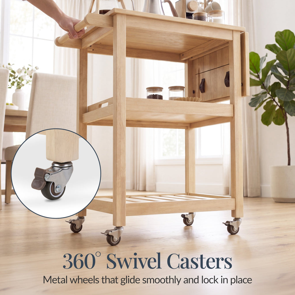Rolling Kitchen Island Cart W/Shelves, Drop Leaf Extension, Locking Wheels