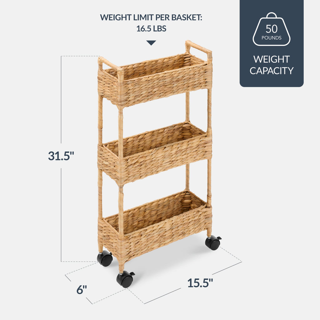 3-Tier Slim Rolling Nursery Caddy w/Wheels, Handwoven Utility Cart