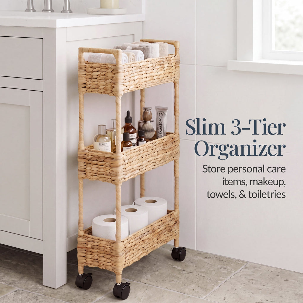 3-Tier Slim Rolling Nursery Caddy w/Wheels, Handwoven Utility Cart