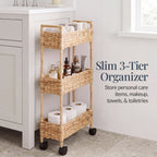 3-Tier Slim Rolling Nursery Caddy w/Wheels, Handwoven Utility Cart