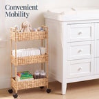 3-Tier Slim Rolling Nursery Caddy w/Wheels, Handwoven Utility Cart