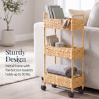 3-Tier Slim Rolling Nursery Caddy w/Wheels, Handwoven Utility Cart
