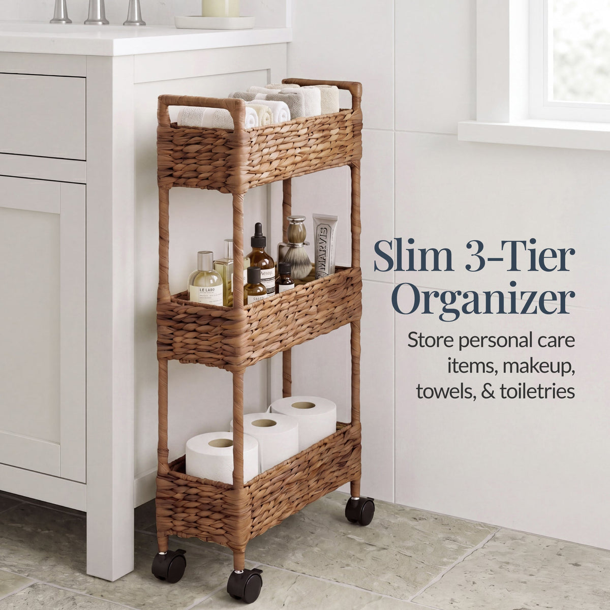 3-Tier Slim Rolling Nursery Caddy w/Wheels, Handwoven Utility Cart