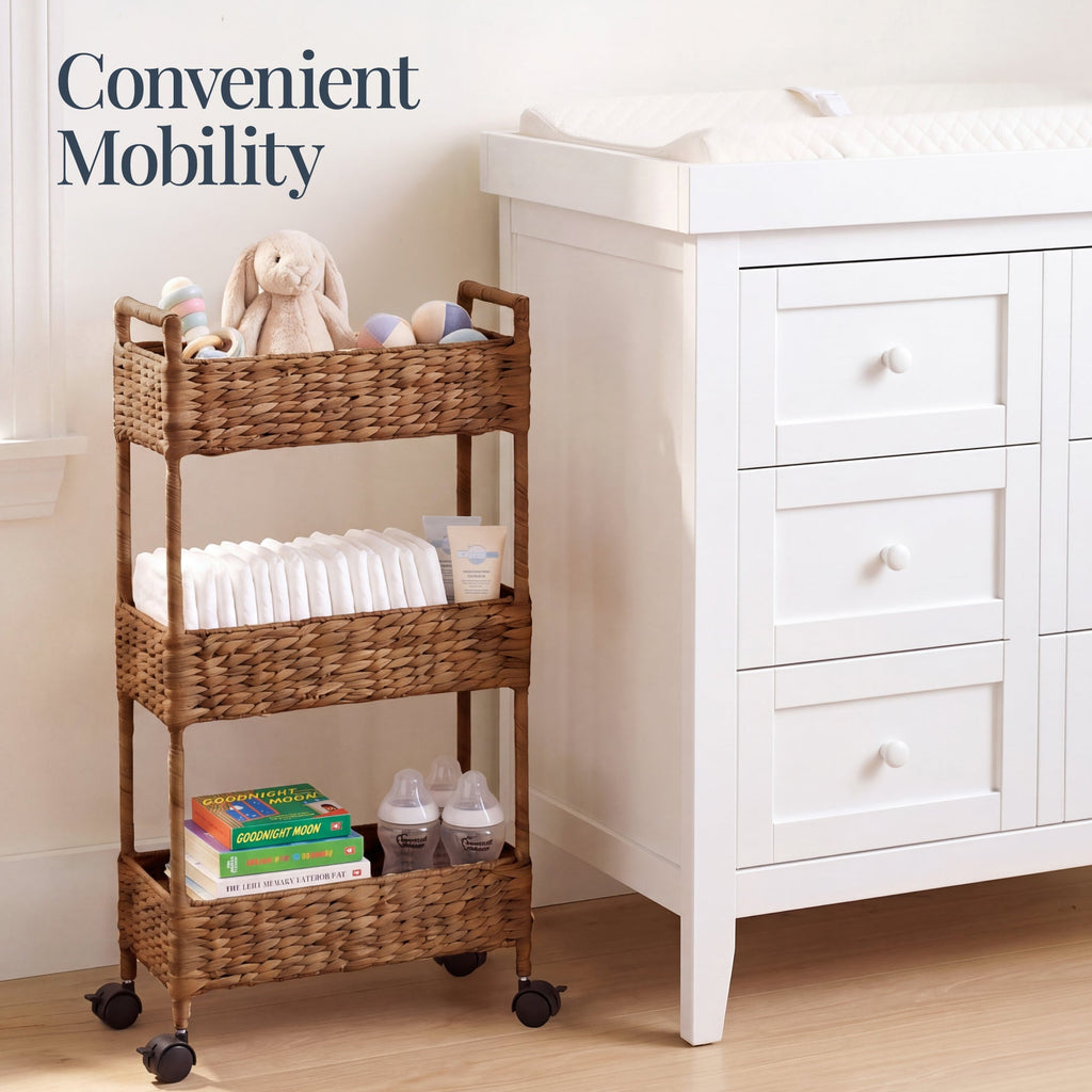 3-Tier Slim Rolling Nursery Caddy w/Wheels, Handwoven Utility Cart
