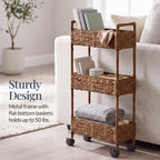 3-Tier Slim Rolling Nursery Caddy w/Wheels, Handwoven Utility Cart
