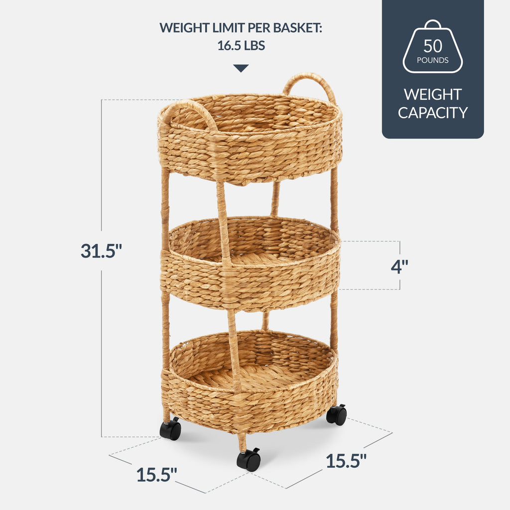 3-Tier Round Rolling Nursery Caddy w/Wheels, Handwoven Utility Cart