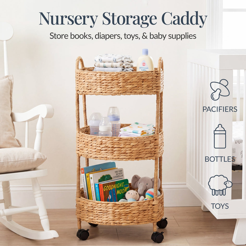 3-Tier Round Rolling Nursery Caddy w/Wheels, Handwoven Utility Cart