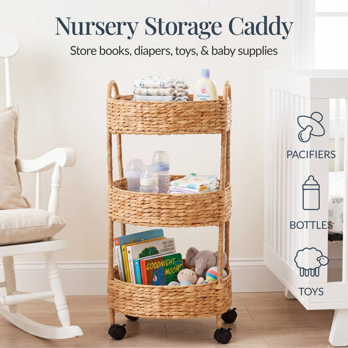 3-Tier Round Rolling Nursery Caddy w/Wheels, Handwoven Utility Cart