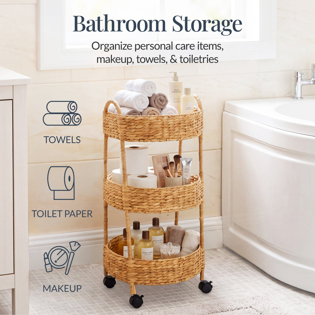 3-Tier Round Rolling Nursery Caddy w/Wheels, Handwoven Utility Cart
