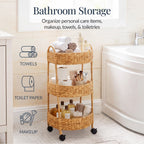 3-Tier Round Rolling Nursery Caddy w/Wheels, Handwoven Utility Cart