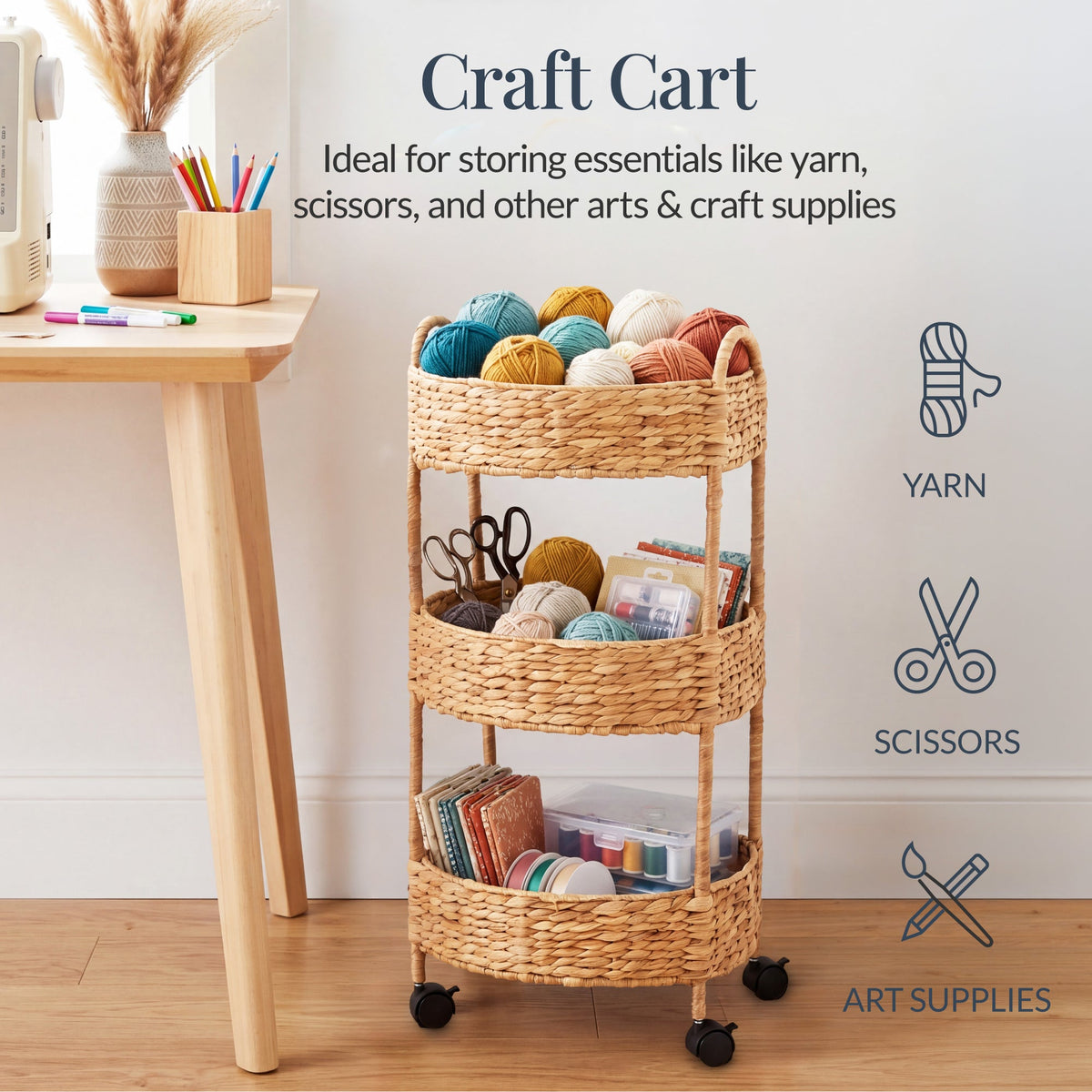3-Tier Round Rolling Nursery Caddy w/Wheels, Handwoven Utility Cart