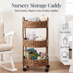 3-Tier Round Rolling Nursery Caddy w/Wheels, Handwoven Utility Cart