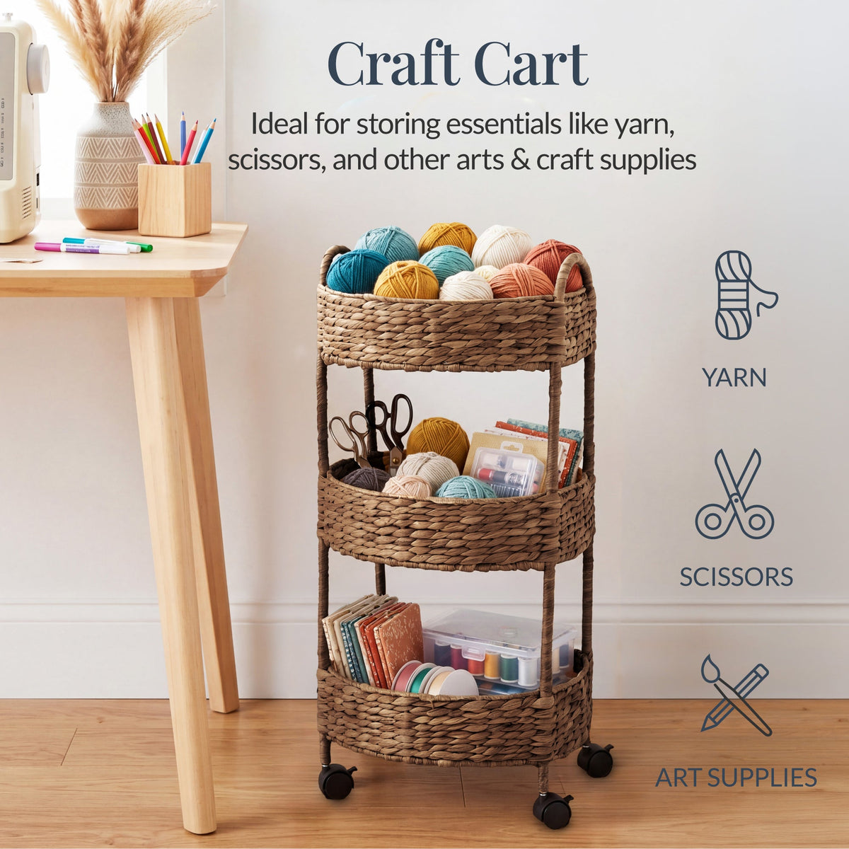 3-Tier Round Rolling Nursery Caddy w/Wheels, Handwoven Utility Cart