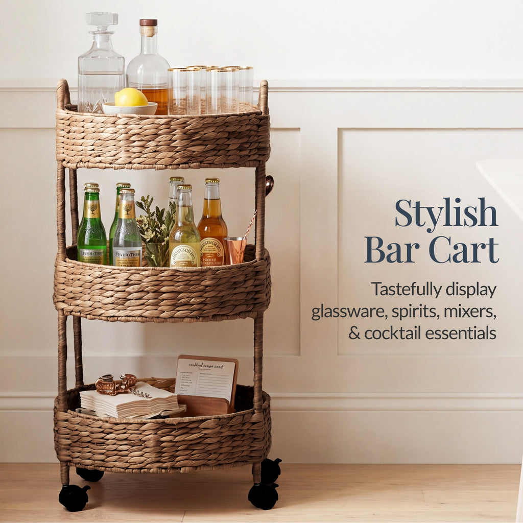 3-Tier Round Rolling Nursery Caddy w/Wheels, Handwoven Utility Cart