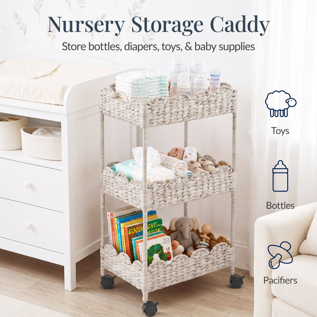 3-Tier Scalloped Rolling Nursery Caddy w/Wheels, Storage Utility Cart
