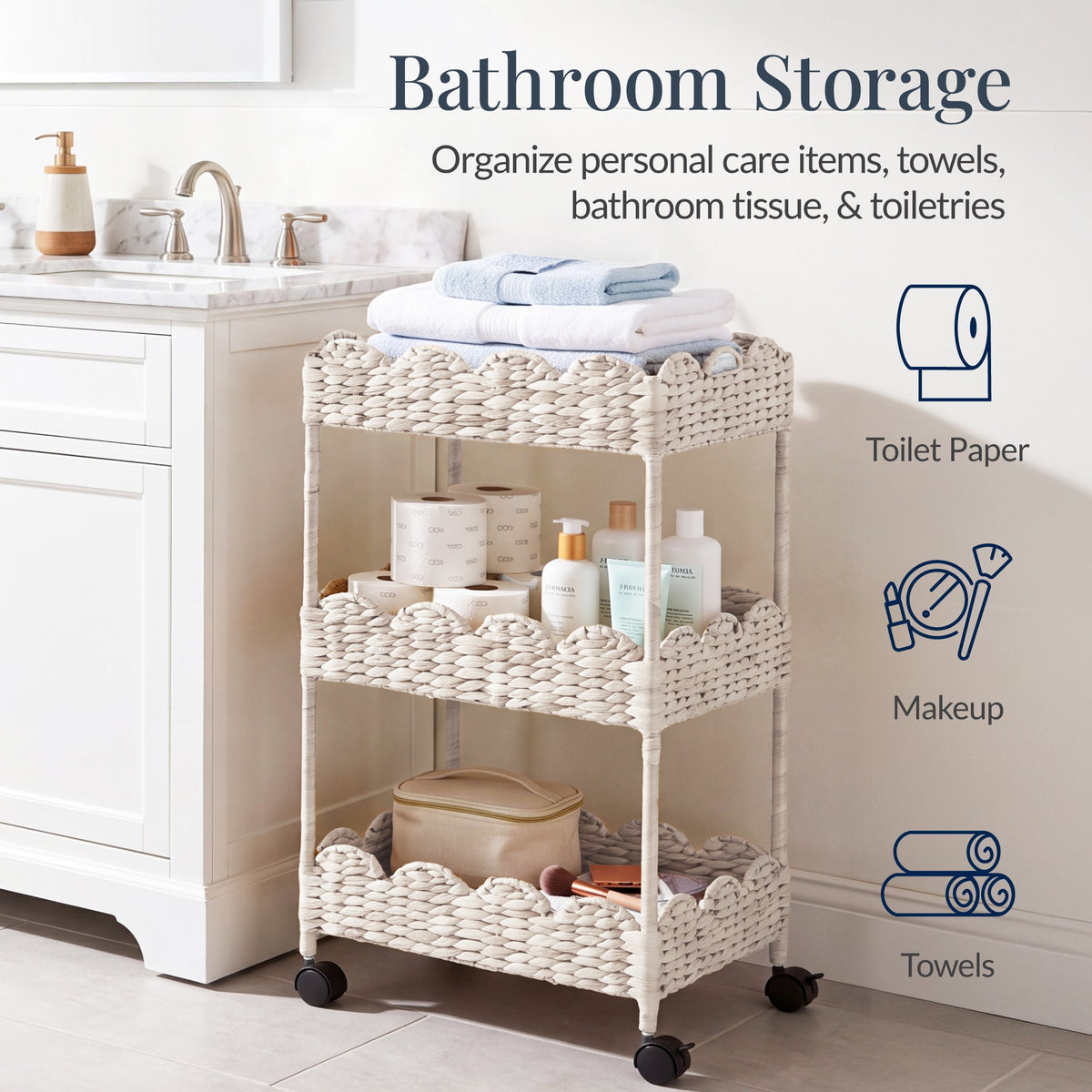 3-Tier Scalloped Rolling Nursery Caddy w/Wheels, Storage Utility Cart
