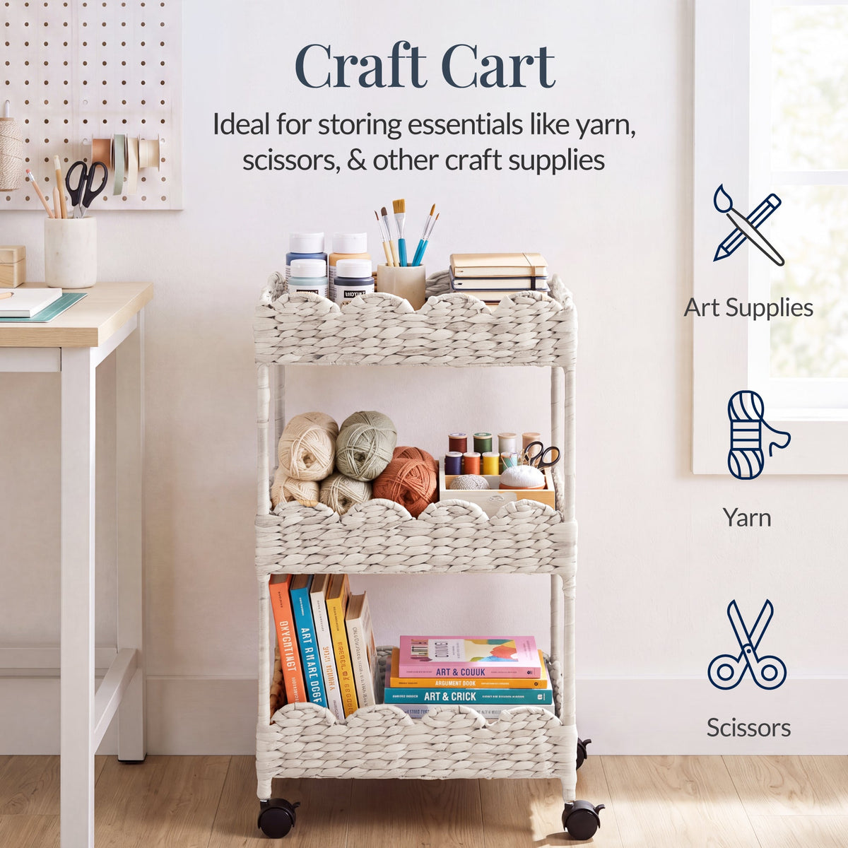 3-Tier Scalloped Rolling Nursery Caddy w/Wheels, Storage Utility Cart