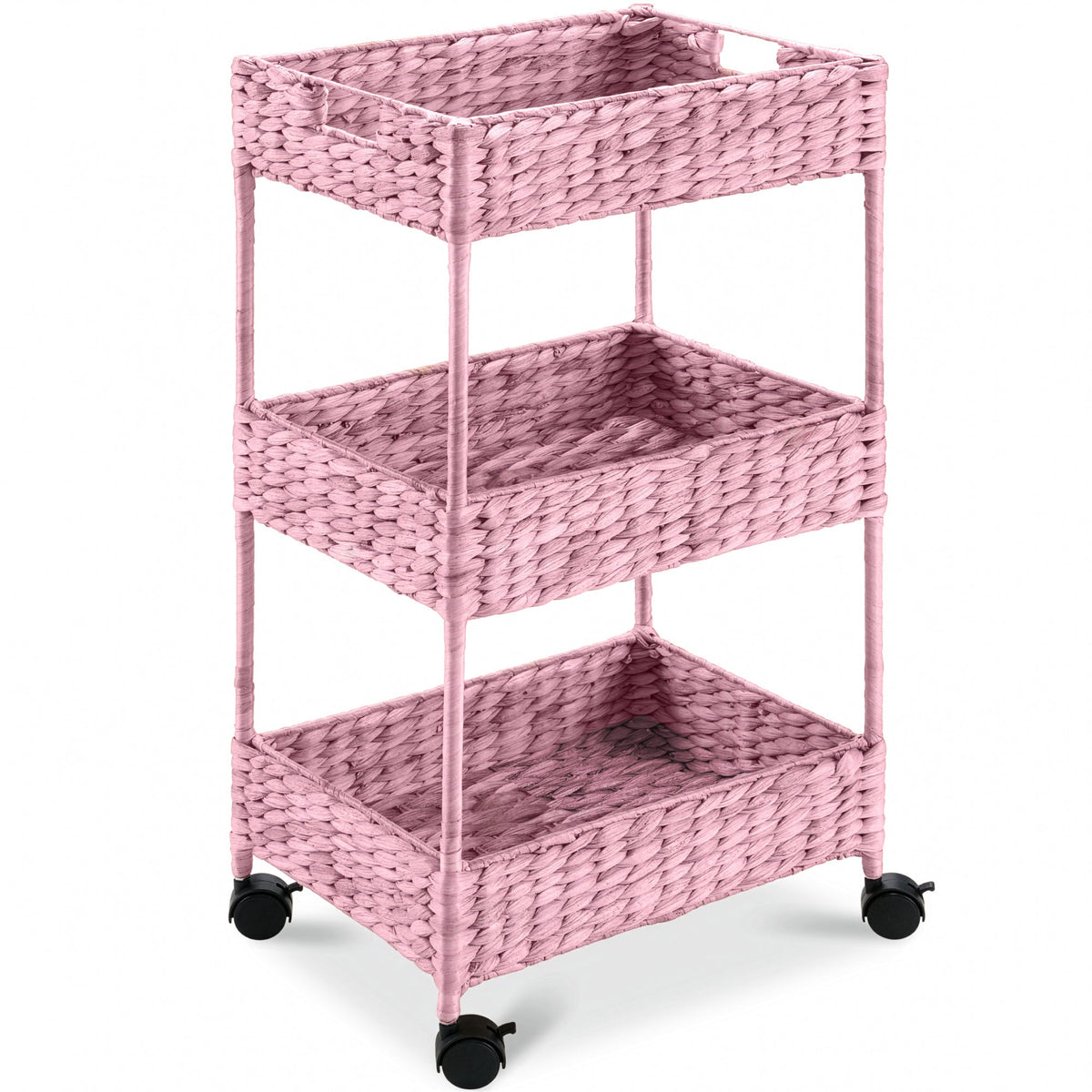 3-Tier Water Hyacinth Rolling Utility Cart w/ Weaved Baskets