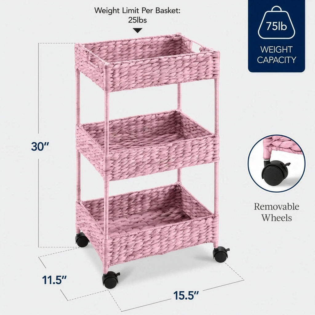 3-Tier Water Hyacinth Rolling Utility Cart w/ Weaved Baskets