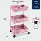 3-Tier Water Hyacinth Rolling Utility Cart w/ Weaved Baskets