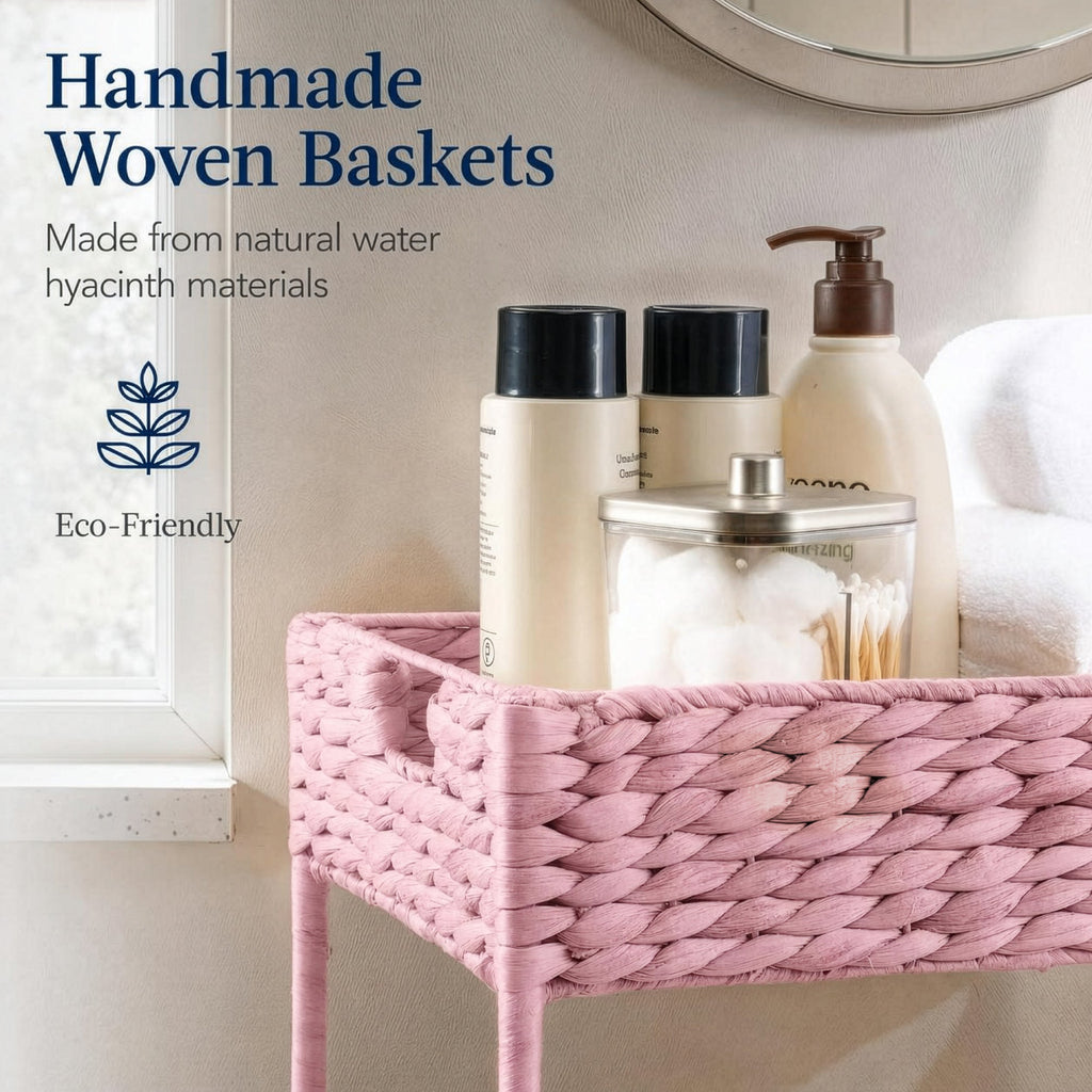3-Tier Water Hyacinth Rolling Utility Cart w/ Weaved Baskets